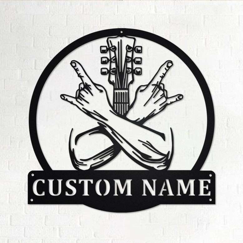Custom Rock Crossed Hands Metal Wall Art, Personalized Rocker Name Sign Decoration For Room, Guitar Rock Metal Home Decor, Custom Rocker