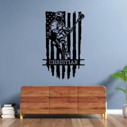 Personalized Lacrosse Player With US Flag Metal Sign, Sport Wall Art With Custom Name For Home Decor, Birthday Gift, Lacrosse Gift