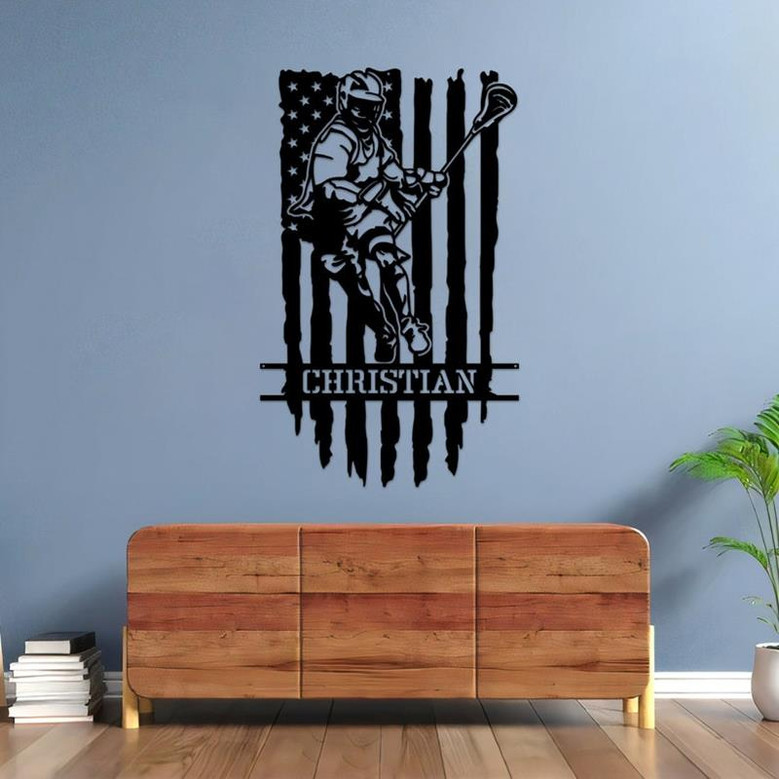 Personalized Lacrosse Player With US Flag Metal Sign, Sport Wall Art With Custom Name For Home Decor, Birthday Gift, Lacrosse Gift