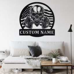 Custom US Flag Skull Fitness Metal Wall Art, Personalized Gymer Name Sign Decoration For Room, Gym Metal Home Decor, Custom US Flag Fitness
