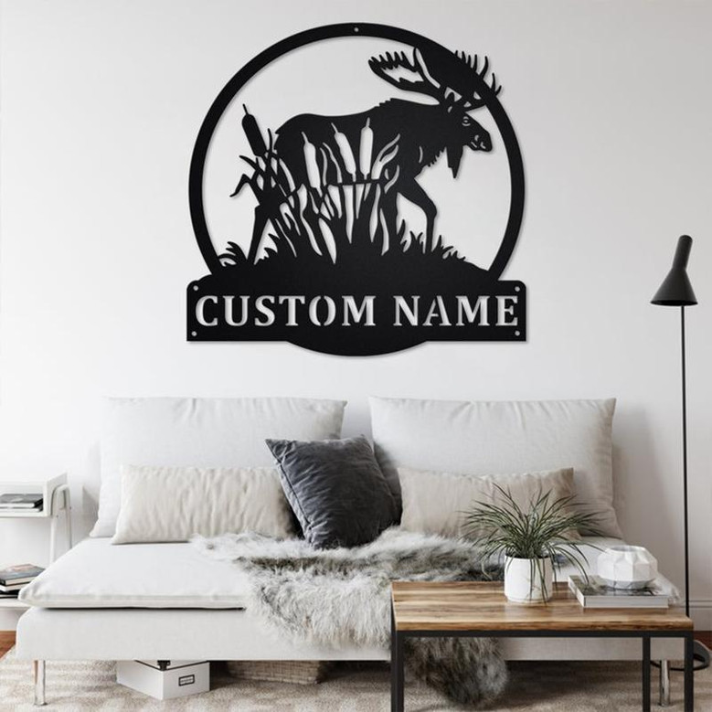Custom Moose with Cattails Metal Wall Art, Personalized Moose Hunter Name Sign Decoration For Room, Moose Metal Home Decor, Custom Moose