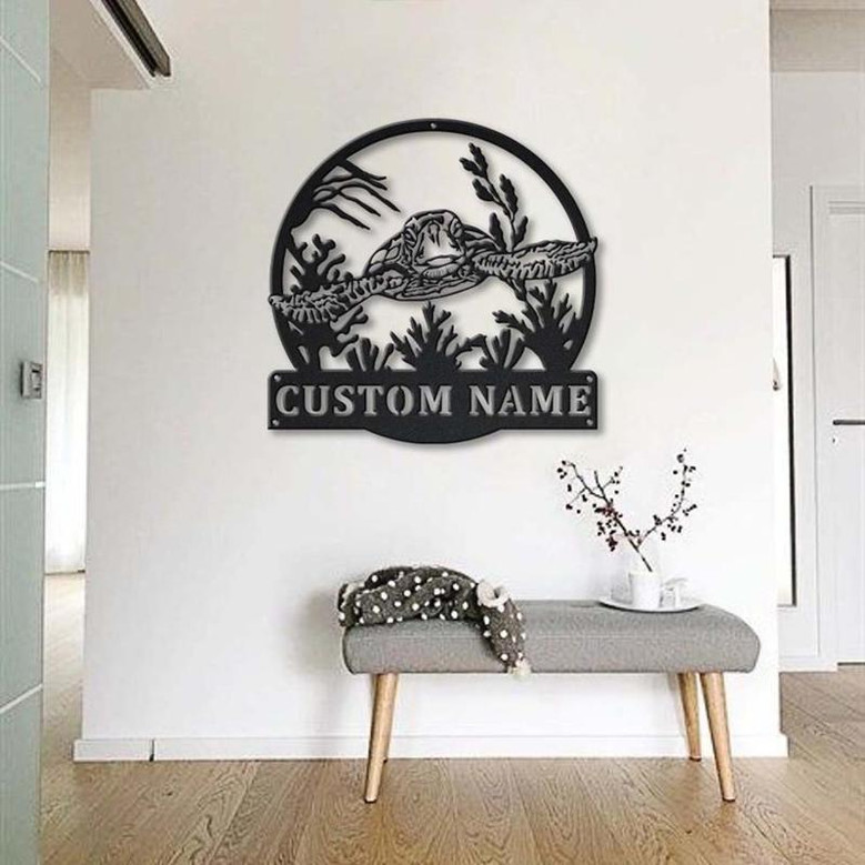 Personalized Sea Turtle Metal Sign Art v2 | Custom Sea Turtle Monogram Metal Sign | Sea Turtle Gifts | Decor Decoration