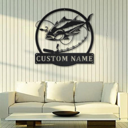 Personalized Tuna Fishing Fish Pole Metal Sign Art | Custom Tuna Fishing Metal Sign | Tuna Fishing Gifts for Men | Tuna Fishing Gift