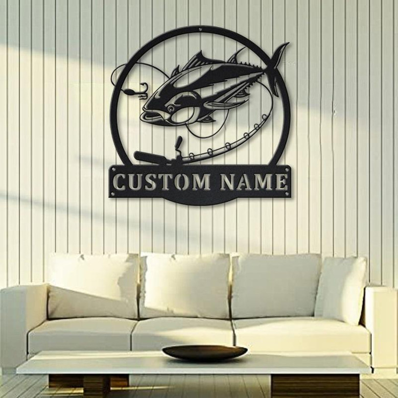 Personalized Tuna Fishing Fish Pole Metal Sign Art | Custom Tuna Fishing Metal Sign | Tuna Fishing Gifts for Men | Tuna Fishing Gift