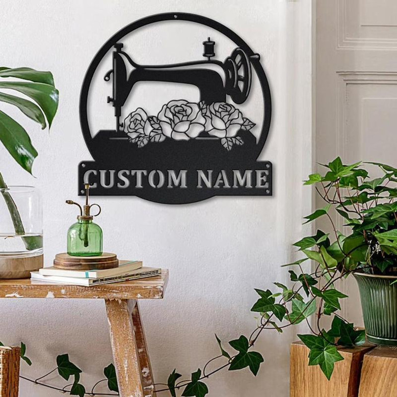 Personalized Floral Sewing Machine Monogram Metal Sign Art Custom Sewing Machine Metal Sign Sewing Lover Sign Decoration For Living Room