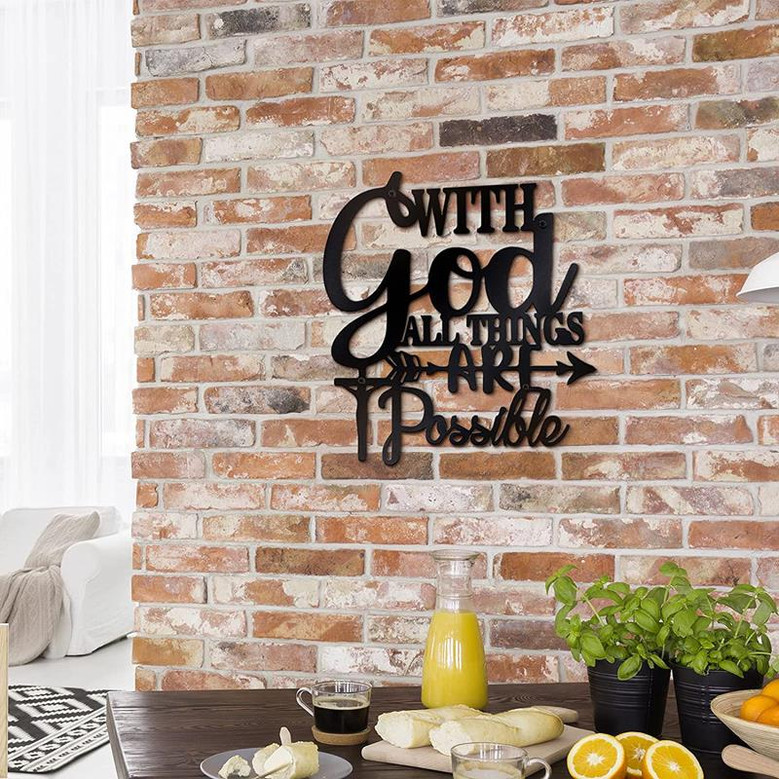With God All Things Are Possible Metal Sign Art, Metal Inspirational Words Bible Verses Decor for Home Church Office