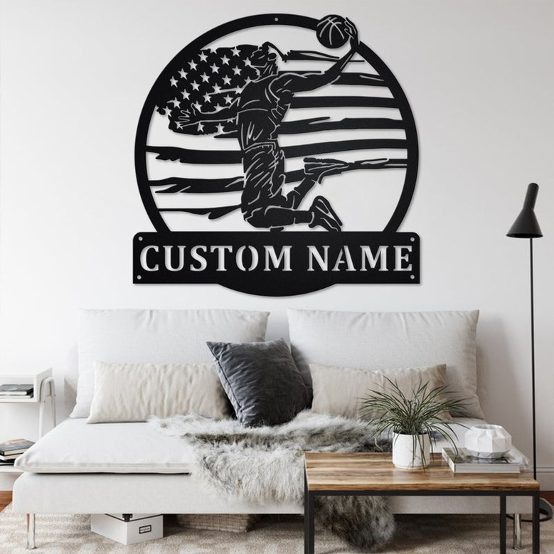 Custom US flag Basketball Player Metal Wall Art, Personalized Basketball Player Name Sign Decoration For Room, Basketball Metal Home Decor