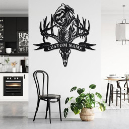 Custom Deer Skull Bone Hunting Grim Reaper Metal Wall Art, Personalized Deer Hunting Name Sign Decoration For Room, Deer Hunting Home Decor