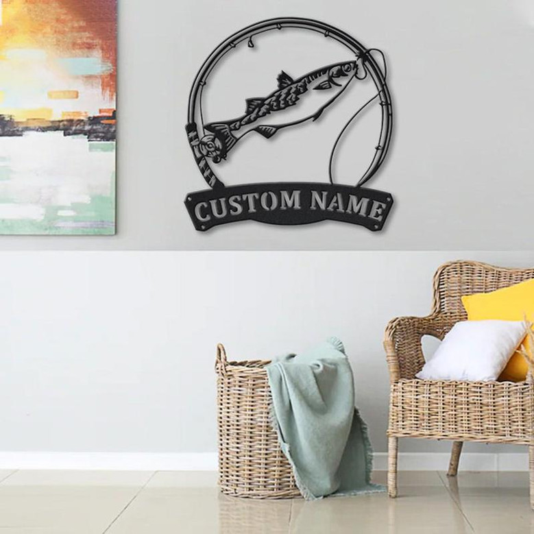 Personalized Mullet Fishing Fish Pole Monogram Metal Sign Art Mullet Fishing Metal Sign Fishing Lover Sign Decoration For Living Room