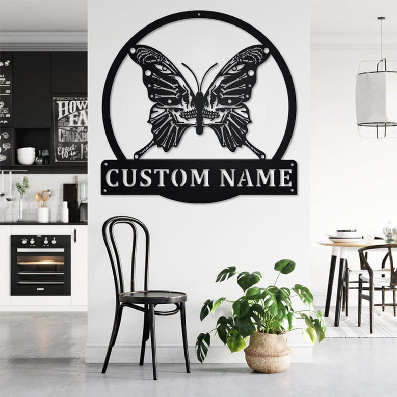 Custom Butterfly Skull Metal Wall Art, Personalized Butterfly Name Sign Decoration For Room, Butterfly Home Decor, Custom Butterfly Skull