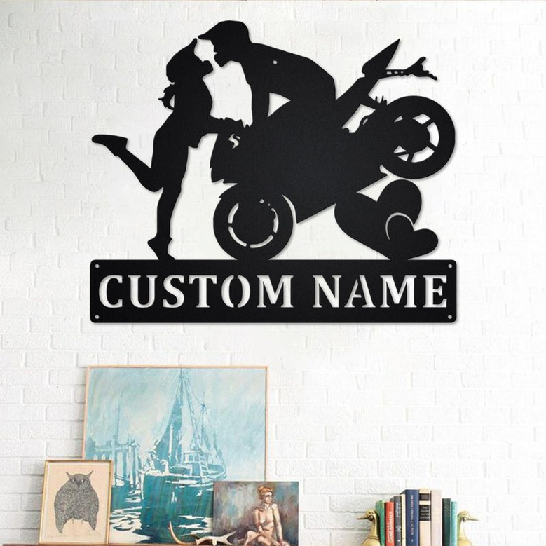 Custom Couple Motorcycle Metal Wall Art, Personalized Motorcycle Name Sign Decoration For Room, Motorcycle Home Decor, Custom Motorcycle
