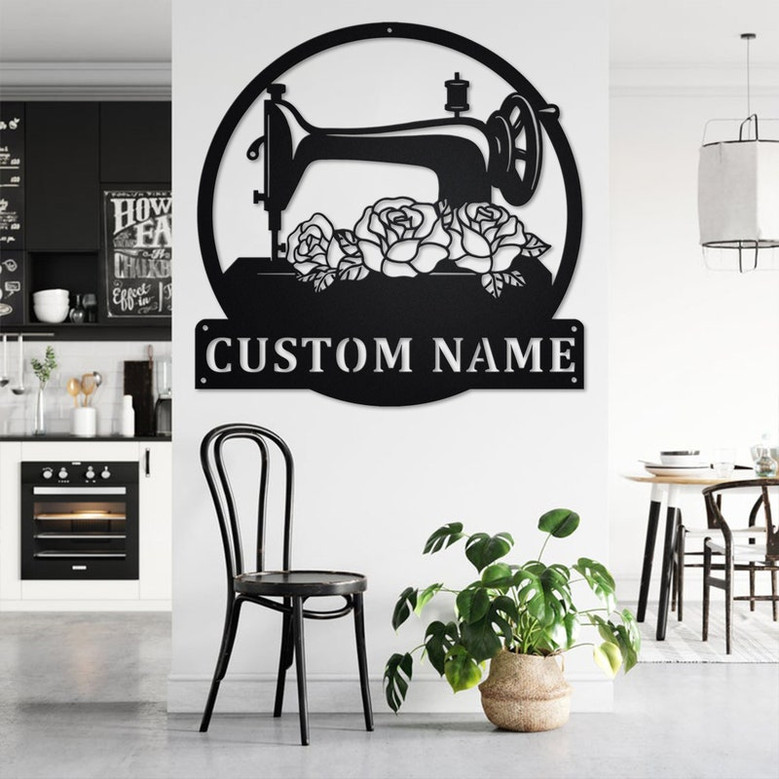 Custom Floral Sewing Machine Metal Wall Art, Personalized Sewing Name Sign Decoration For Room,Sewing Metal Home Decor,Custom Sewing Machine