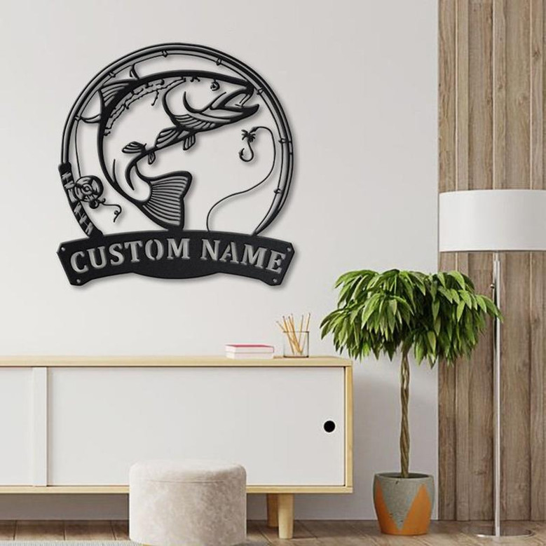 Personalized Rainbow Trout Fish Pole Monogram Metal Sign Art Rainbow Trout Fish Metal Sign Fishing Lover Sign Decoration For Living Room
