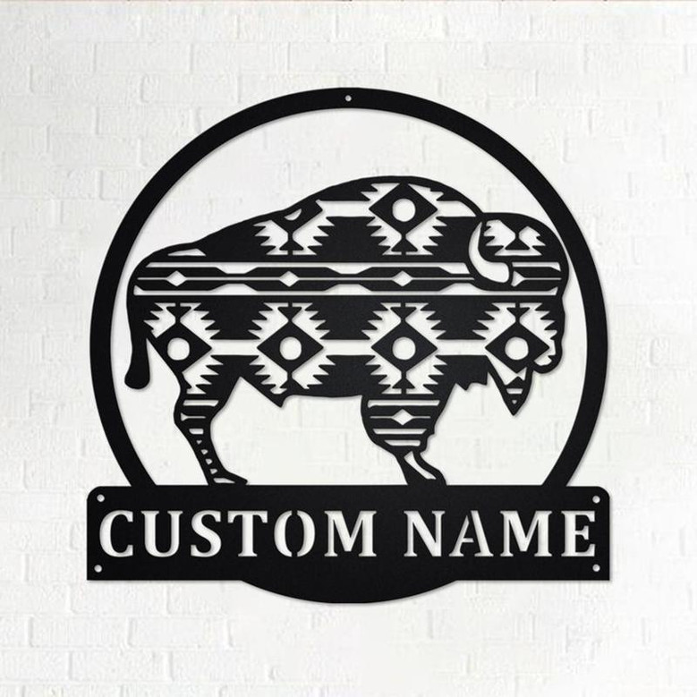 Custom Aztec Buffalo Metal Wall Art, Personalized Aztec Buffalo Name Sign Decoration For Room, Aztec Buffalo Home Decor,Custom Aztec Buffalo