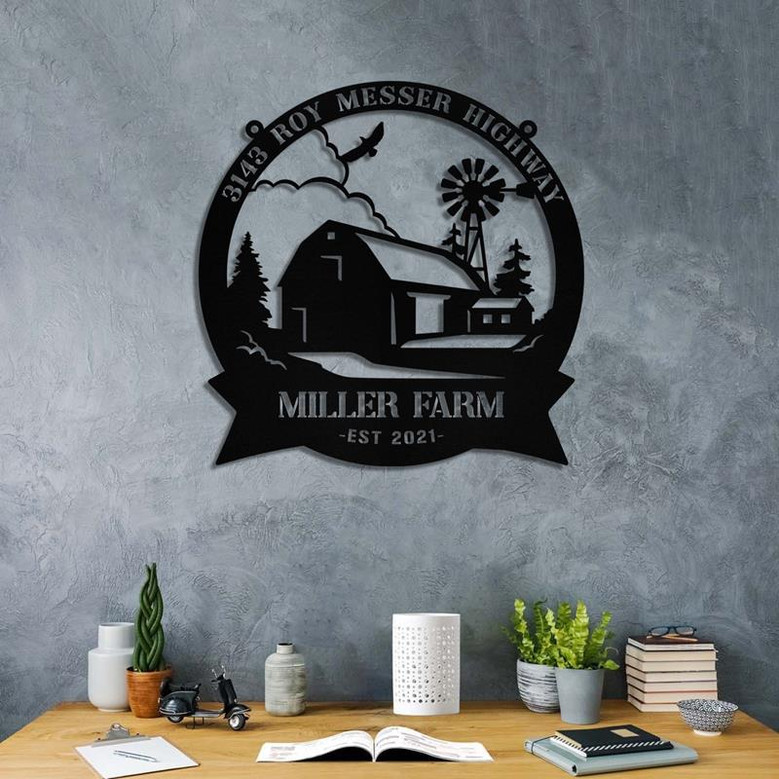 Personalized Metal Farm Sign Barn Windmill Monogram Custom Outdoor Farmhouse Entry Road Front Gate Wall Decor Gift