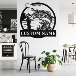 Custom Fisherman Bass Fish Metal Wall Art, Personalized Fisherman Name Sign Decoration For Room, Bass Fishing Metal Home Decor, Bass Fishing