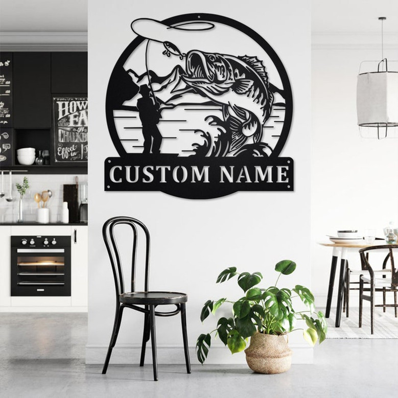Custom Fisherman Bass Fish Metal Wall Art, Personalized Fisherman Name Sign Decoration For Room, Bass Fishing Metal Home Decor, Bass Fishing