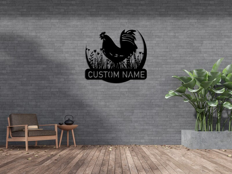 Personalized Metal Chicken Name Sign, Custom Chicken Decor with Flowers, Unique Design Metal Chicken Sign
