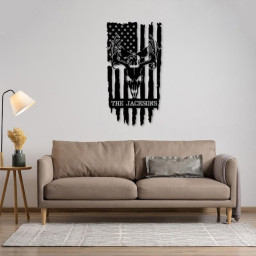Personalized Deer Skull With US Flag Metal Sign , Custom Hunting Wall Art For Home Decor, Campsite Decor, Hunter Gift, Housewarming Gift