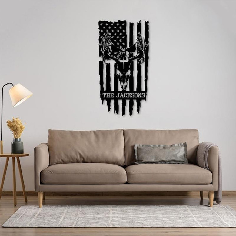 Personalized Deer Skull With US Flag Metal Sign , Custom Hunting Wall Art For Home Decor, Campsite Decor, Hunter Gift, Housewarming Gift