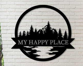 Custom Metal Wall Decor, My Happy Place Wall Art, Nature Lovers Gift, Cabin Sign, Mountain and Trees Decor