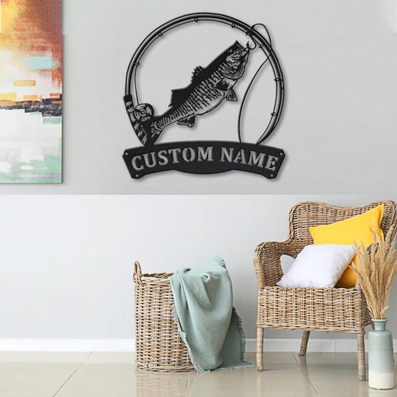 Personalized Striped Bass Fish Pole Monogram Metal Sign Art Striped Bass Fish Metal Sign Fishing Lover Sign Decoration For Living Room