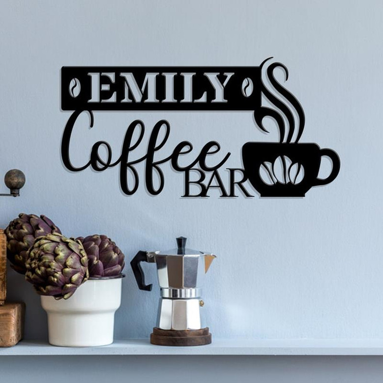 Personalized Coffee Bar Metal Wall Art, Custom Coffee Drink Lover Name Sign, Gift for Coffee Shop Owner