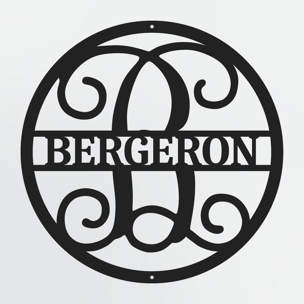 Curly Script Split Letter Monogram In Circle, Personalized Metal Family Name Sign