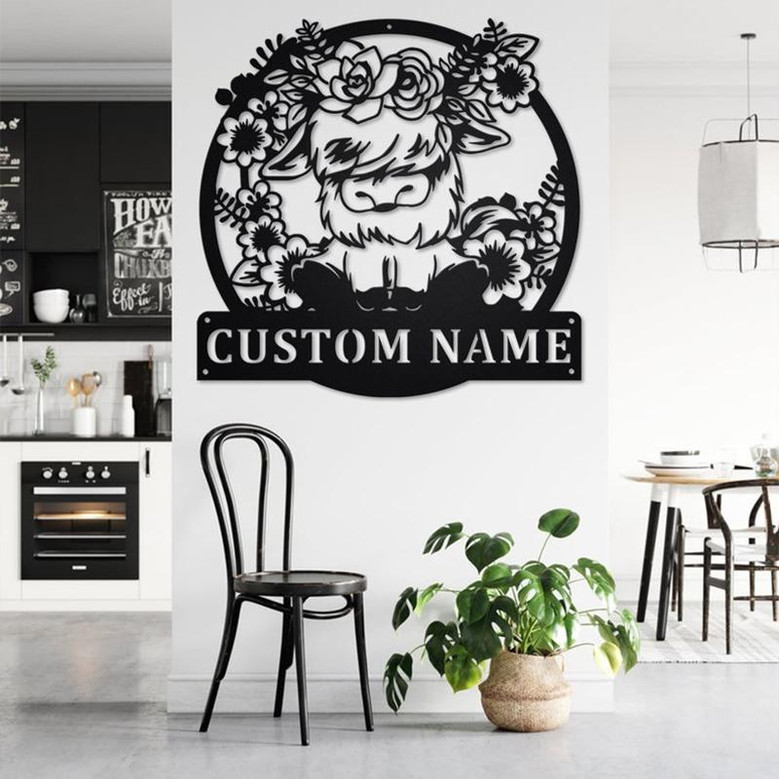 Custom Floral Highland Cow Metal Wall Art, Personalized Highland Cow Name Sign Decoration For Room, Highland Cow Metal Home Decor,Custom Cow