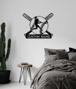 Metal Custom Name Baseball Wall Sign, Personalized Baseball Bat and Ball Wall Decor