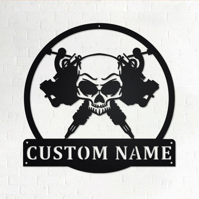 Custom Skull Tattoo Machine Metal Wall Art, Personalized Tattoo Artist Name Sign Decoration For Room, Tattoo MAchine Metal Home Decor, Tatto