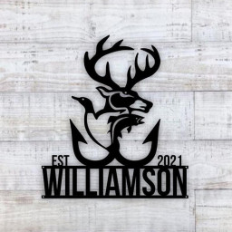 Deer Name Sign, Fish Name Sign, Metal Deer Duck and Fish Sign, Personalized Family Name Deer Metal Sign, Christmas Gift for Him, Hunter Gift