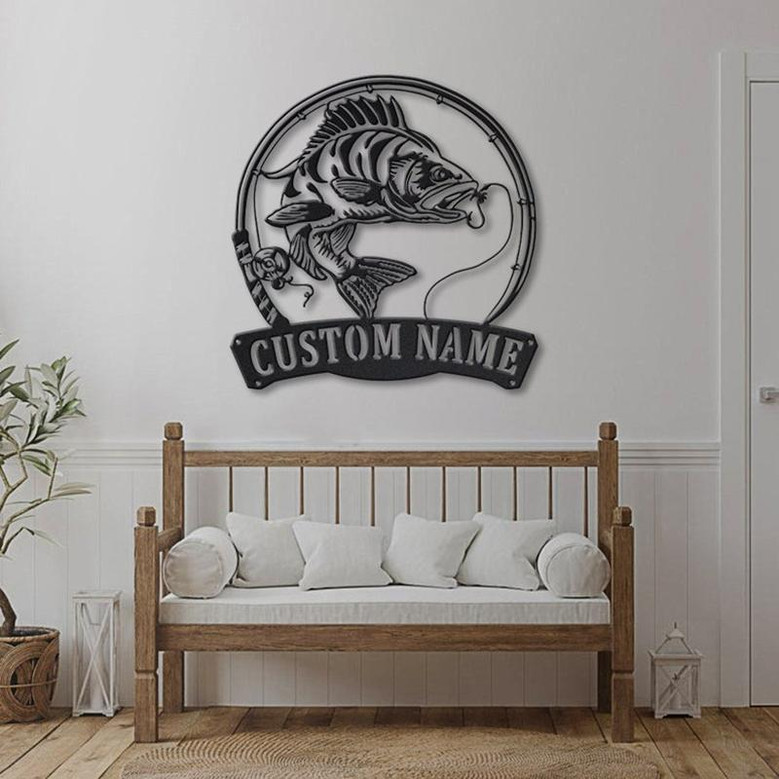 Personalized Perch Fishing Fish Pole Metal Sign Art | Custom Perch Fishing Metal Sign | Perch Fishing Gifts for Men | Perch Fishing Gift