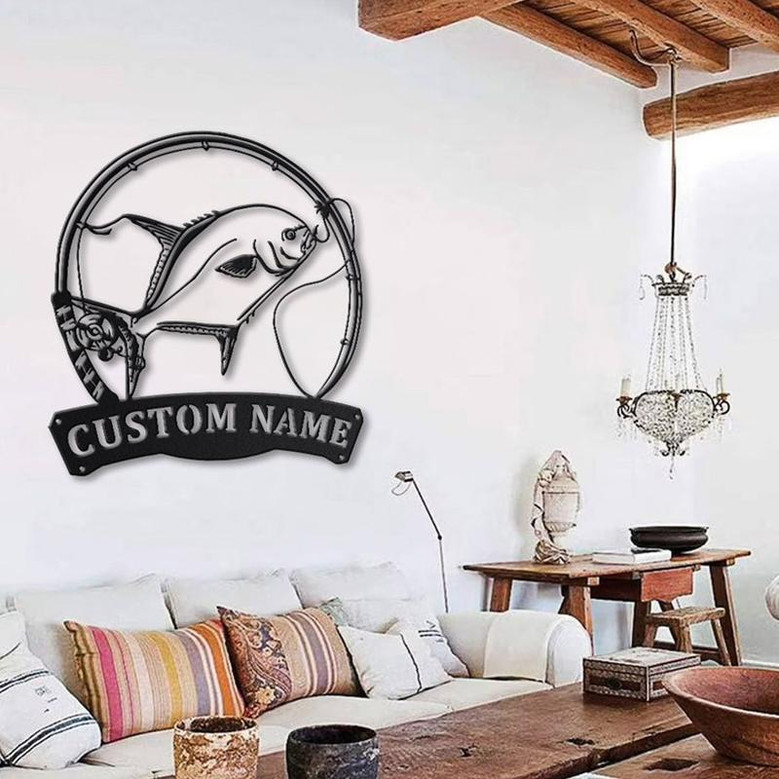 Personalized Florida Pompano Fishing Monogram Metal Sign Art Custom Florida Pompano Metal Sign Fishing Lover Sign Decoration For Living Room