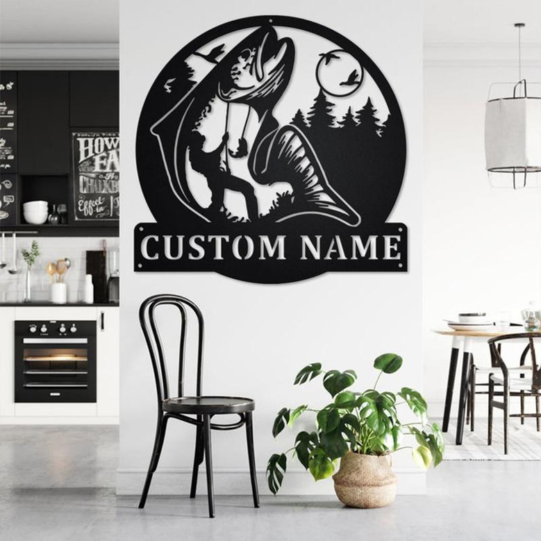Custom Salmon Fishing Metal Wall Art, Personalized Salmon Fisher Name Sign Decoration For Room, Salmon Fish Metal Home Decor, Custom Fisher