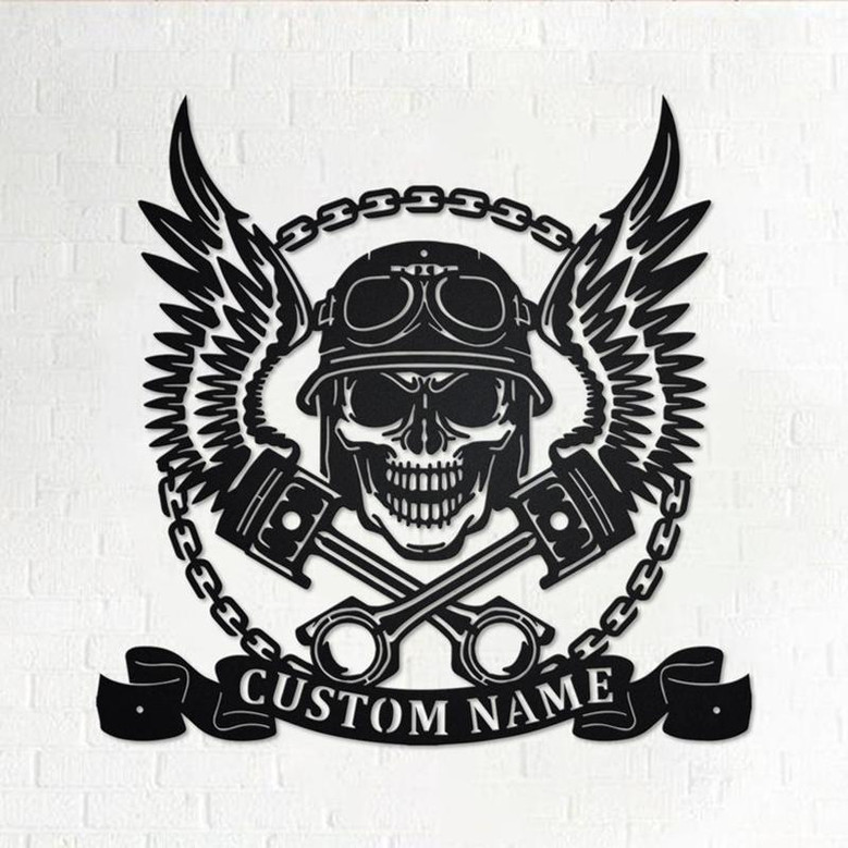 Custom Biker Skull With Wings And Pistons Metal Wall Art, Personalized Biker Name Sign Decoration For Room, Biker Home Decor, Custom Biker