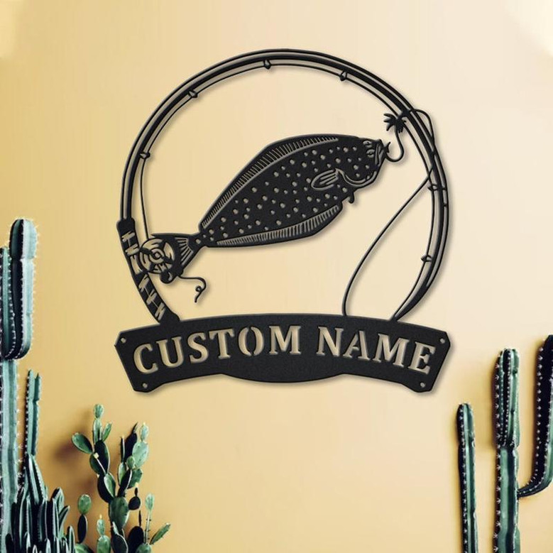 Personalized Halibut Fishing Fish Pole Metal Sign Art | Custom Halibut Fishing Metal Sign | Halibut Fishing Gift
