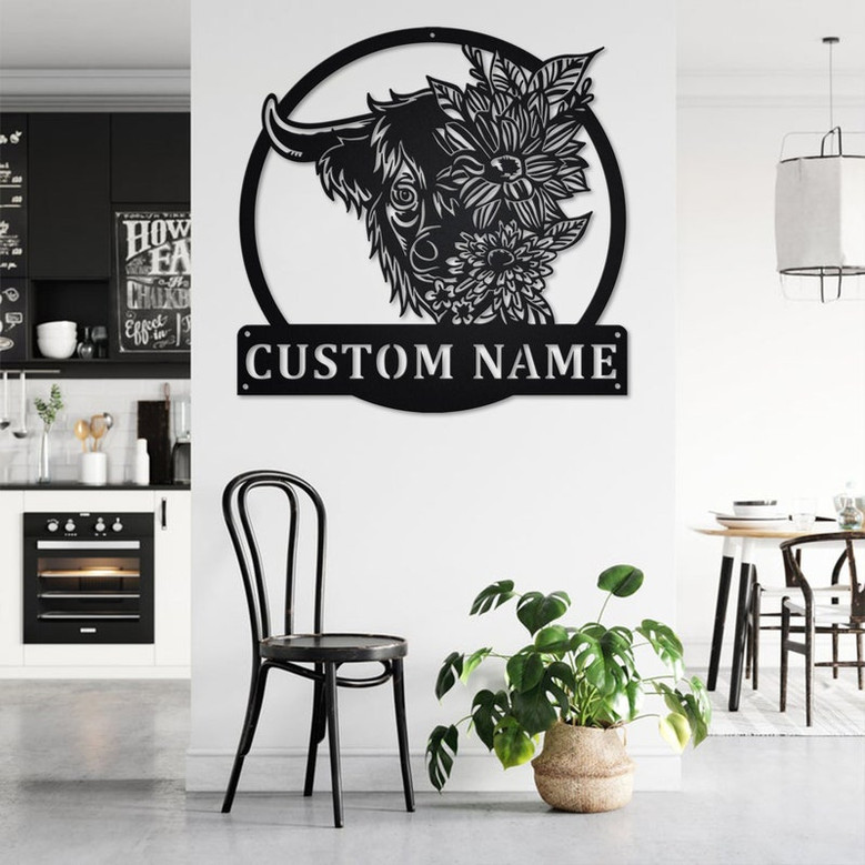 Custom Floral Highland Cow Metal Wall Art, Personalized Highland Cow Name Sign Decoration For Room, Highland Cow Home Decor , Highland Cow