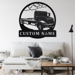 Custom Flat Bed Tow Truck Metal Wall Art, Personalized Truck Driver Name Sign Decoration For Room, Bed Semi Truck Home Decor, Custom Truck