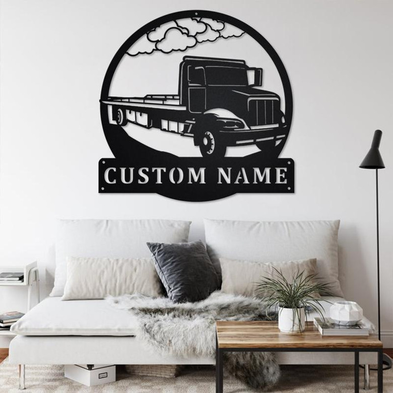 Custom Flat Bed Tow Truck Metal Wall Art, Personalized Truck Driver Name Sign Decoration For Room, Bed Semi Truck Home Decor, Custom Truck