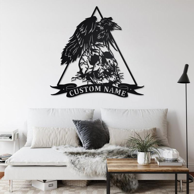 Custom Raven With Skull Metal Wall Art, Personalized Raven Name Sign Decoration For Room, Raven Metal Home Decor, Custom Raven, Raven Skull