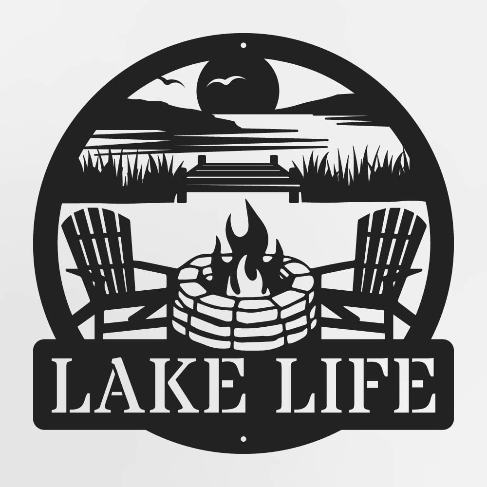 Cozy Fire Pit Metal Sign With Adirondack Chairs, Mountain Scene Or Lake Scene, Personalized With Custom Text