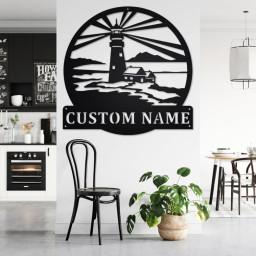 Custom Lighthouse Nautical Round Metal Wall Art, Personalized Lighthouse Name Sign Decoration For Room, Lighthouse Home Decor, Lighthouse