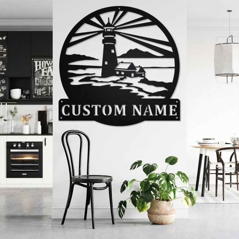 Custom Lighthouse Nautical Round Metal Wall Art, Personalized Lighthouse Name Sign Decoration For Room, Lighthouse Home Decor, Lighthouse