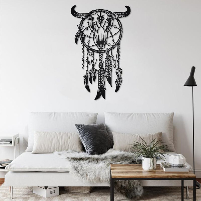Custom Indian Cow Skull Dreamcatcher Metal Wall Art, Personalized Indian Cow Name Sign Decoration For Room, Indian Cow Home Decor