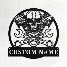 Custom Mechanic Skull Metal Wall Art, Personalized Mechanic Name Sign Decoration For Room, Mechanic Home Decor