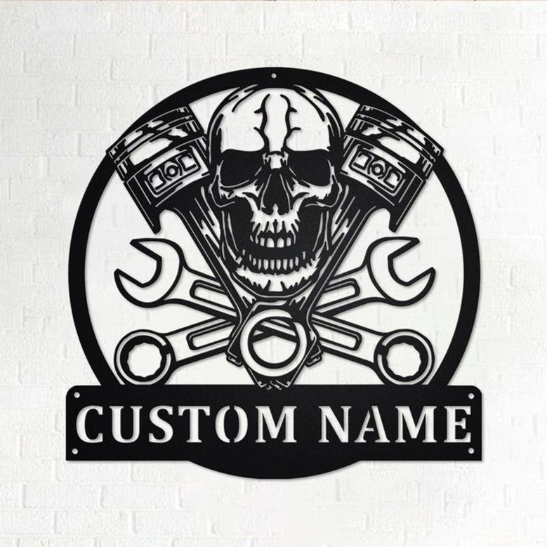 Custom Mechanic Skull Metal Wall Art, Personalized Mechanic Name Sign Decoration For Room, Mechanic Home Decor