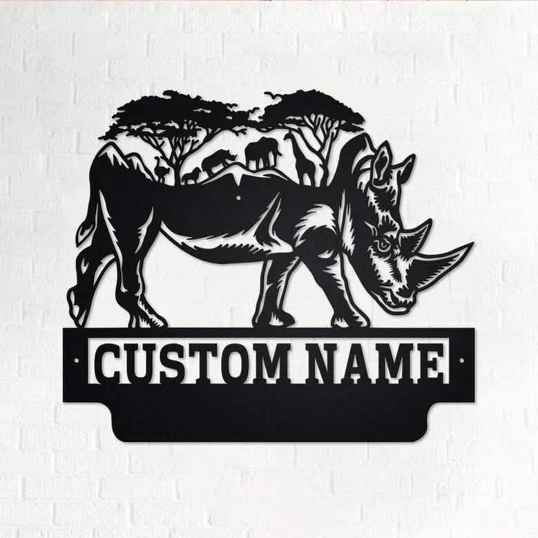 Custom Safari Rhino Metal Wall Art, Personalized Rhino Name Sign Decoration For Room, Rhino Home Decor, Custom Rhino, Rhino Metal Decor