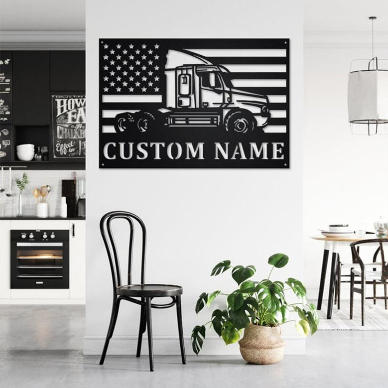 Custom US Flag Semi Truck Metal Wall Art, Personalized Semi Truck Name Sign Decoration For Room, Semi Truck Home Decor, Custom Semi Truck