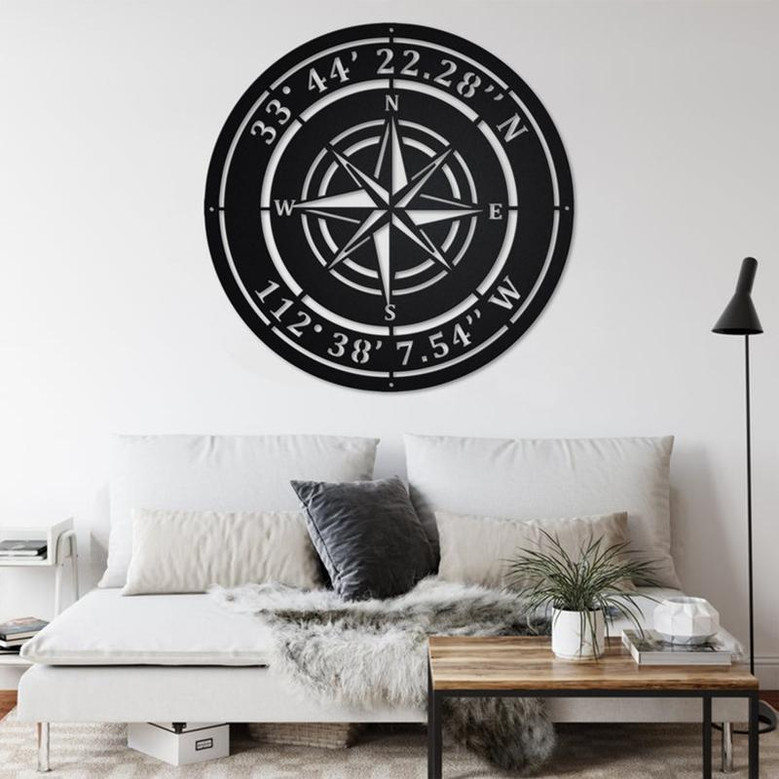 Custom Compass Rose Metal Sign - Custom Coordinates - Nautical Address Wall Art - Custom Compass Nautical Address Decoration For Home